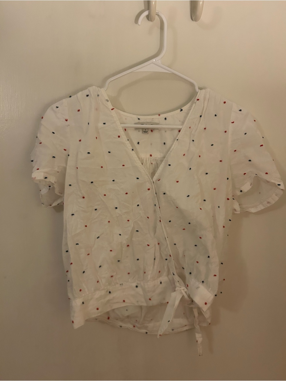 Madewell White Blouse with Red & Navy Dot Embroidery